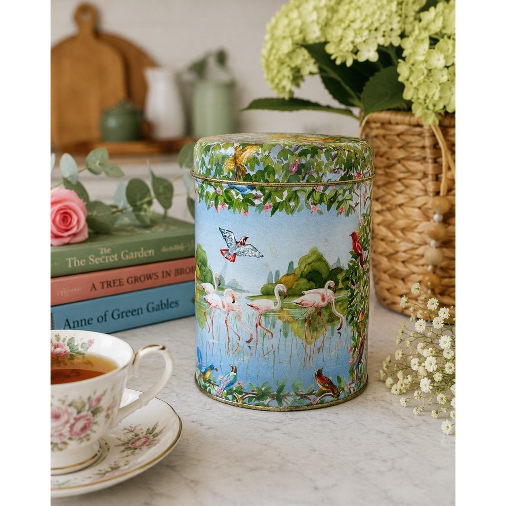 Vintage Style Flamingo‎ Bird Decorative Tin Canister Cottagecore Storage Box
